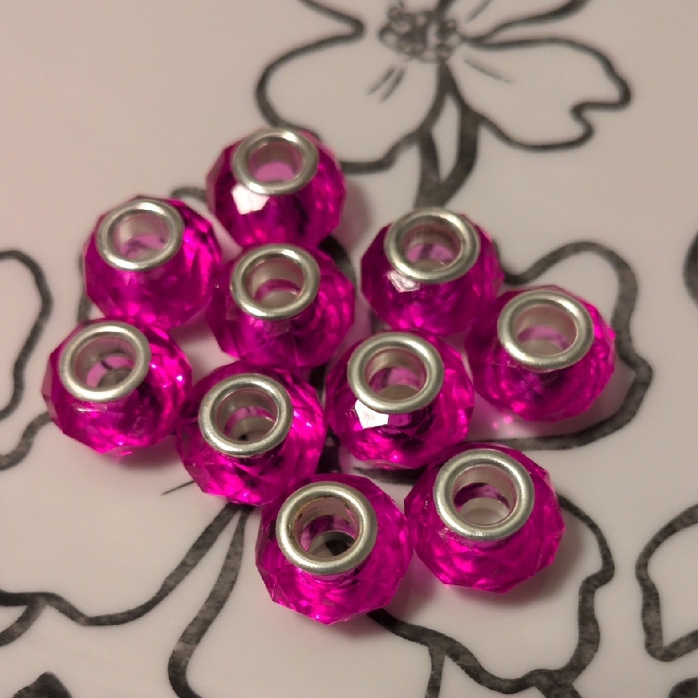 Vibrant Pink Faceted Charms with Silver Accents For Pandora Style Bracelet